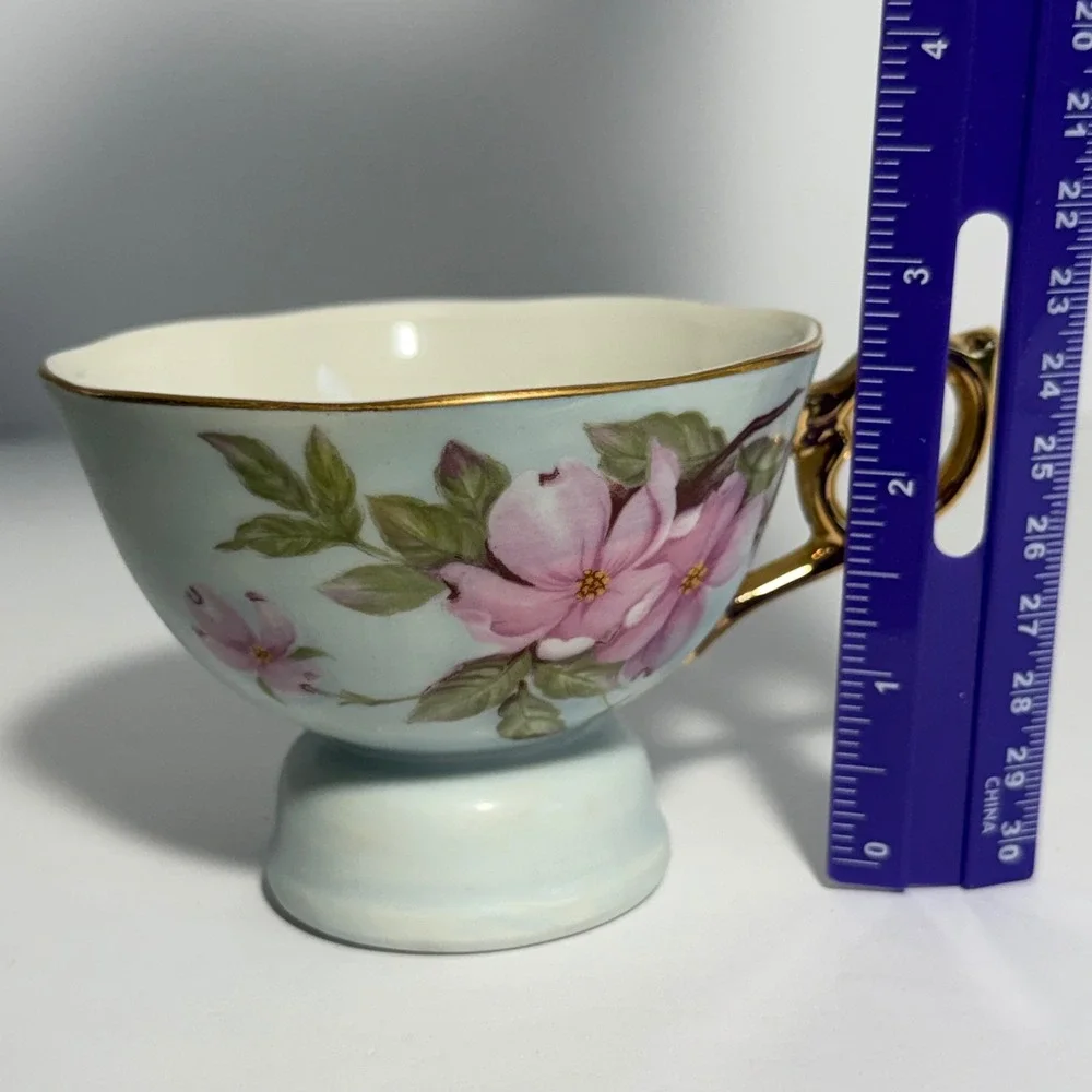 Vintage Lefton China Musical Teacup Pink Floral Gold Trim Footed Porcelain Japan
